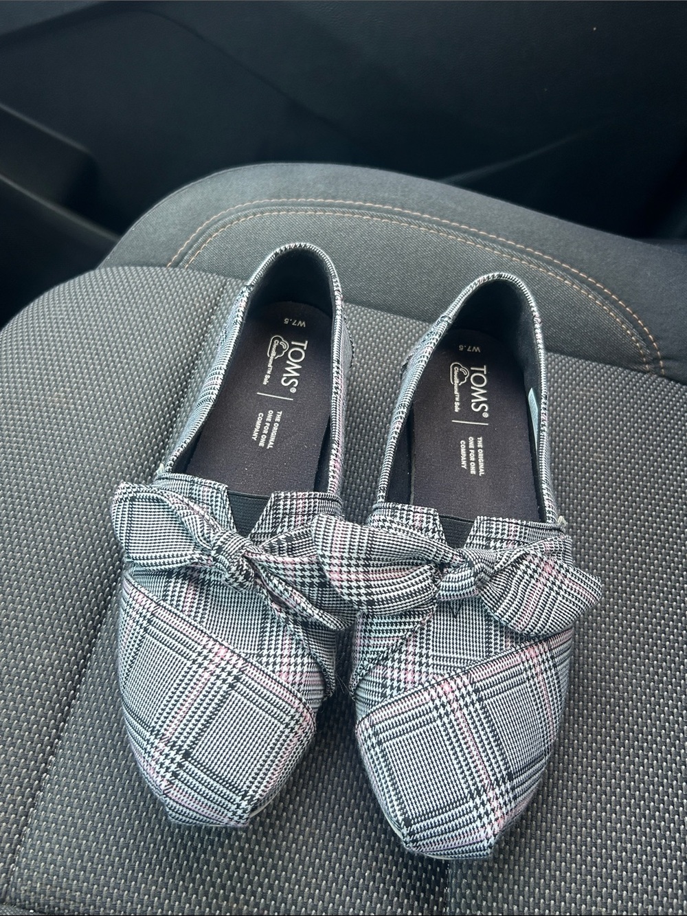 TOMS Women’s Plaid Bow Slip-On Flats — Gray with Pink Accents